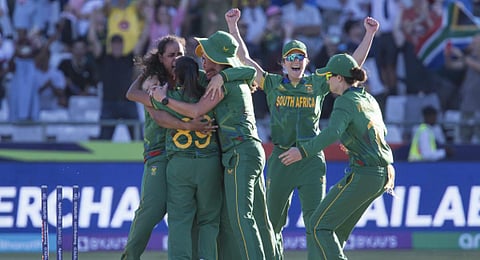 South Africa celebrate winning against Enlgandp during the Women's T20 World Cup semi final cricket match in Cape Town. (Photo | PTI)