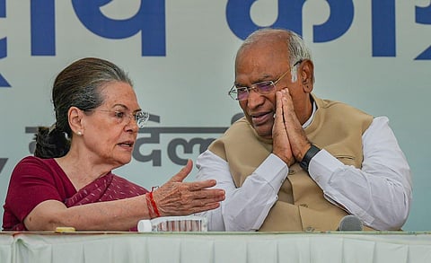Congress President Mallikarjun Kharge with former party president Sonia Gandhi at AICC Headquarters. (Photo | PTI)