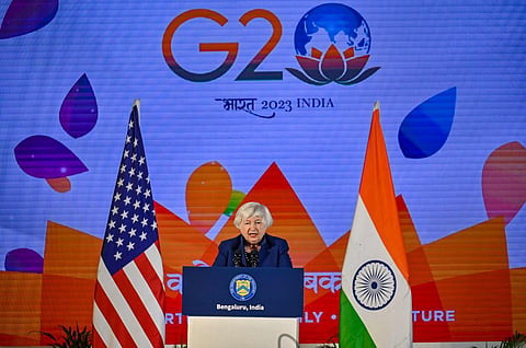 US Treasury Secretary Janet Yellen addresses the media on the second day of the second meeting of the G20 Finance and Central Bank Deputies in Bengaluru, Feb. 23, 2023. (Photo | PTI)