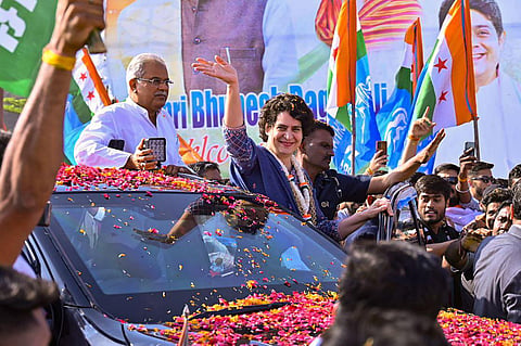 Congress leader Priyanka Gandhi arrives to attend the 85th Plenary Session of the Indian National Congress, in Raipur, Feb. 25, 2023. (Photo | PTI)