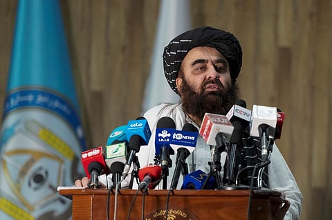 Minister of Foreign Affairs of Afghanistan, Amir Khan Muttaqi speaks during an inauguration ceremony of a 5000 bed rehabilitation camp for drug addicts, at the interior ministry, Kabul. (Photo | AFP)