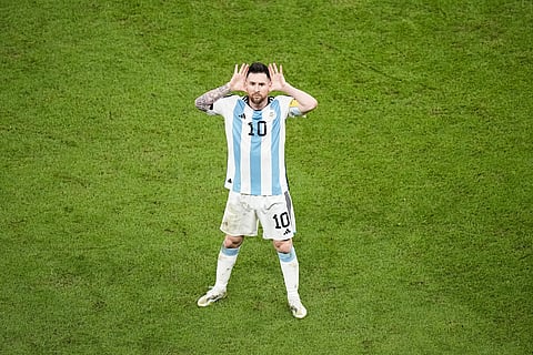 Argentina's Lionel Messi gestures at the end of the World Cup quarterfinal soccer match. (File Photo | AP)