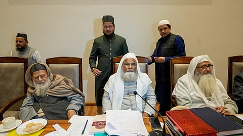 All India Muslim Personal Law Board (AIMPLB) President Rabey Hasani Nadwi (C) during the AIMPLB executive board meeting at Darul Uloom Nadwatul Ulama in Lucknow. 