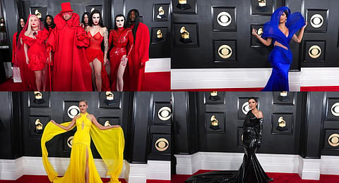 The Grammy Awards red carpet is known for more risqué fashion. From Taylor Swift's sparkly sequined two-piece to Benny Blanco's embroidered denim set, check out some of our favourite styles picked from the lot!