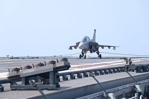 The Naval version of the indigenously developed Light Combat Aircraft successfully lands on board INS Vikrant. (Photo | Special Arrangement)