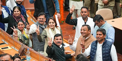 AAP Mayor candidate Shelly Oberoi along with Sanjay Singh and MCD Councillors during the election of Mayor and Deputy Mayor, at the Civic Centre in New Delhi. (Photo | PTI)