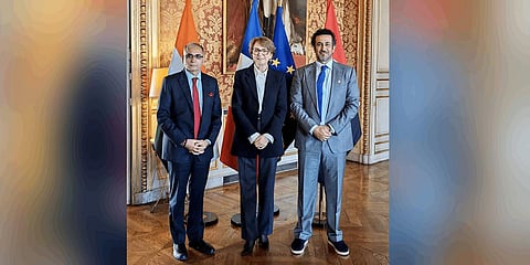Foreign Secretary of India Amb Vinay Mohan Kwatra and others during a meeting of the India-France-UAE trilateral dialogue.(Photo | Twitter