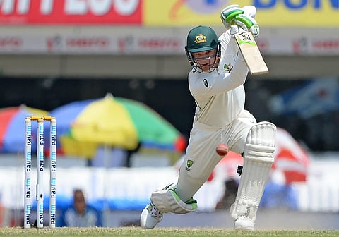 Australian middle-order batter Peter Handscomb plays a front-foot drive. (File Photo | AFP) 