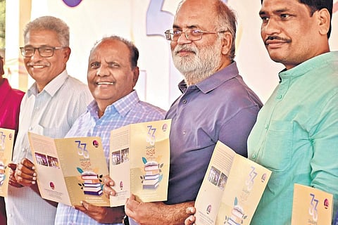Organisers release the brochure of the 33rd Vijayawada book festival in Vijayawada on Tuesday | Prasant Madugula