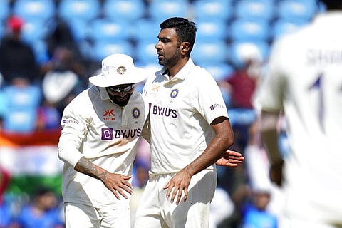 India's Ravichandran Ashwin (R), celebrates the wicket of Australian skipper Pat Cummins during the first day of the first cricket test match in Nagpur, Thursday, Feb. 9, 2023. (Photo | AP)