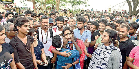 In this 2017 image, The ‘Kiss of Love’ protest organised against moral policing at Marine Drive in Kochi. | Albin Mathew