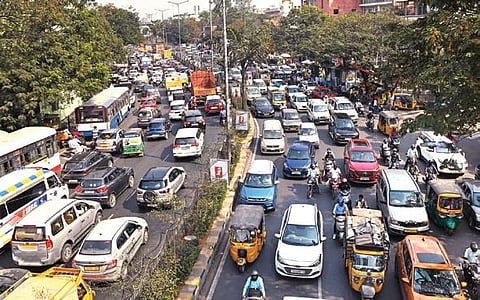 Commuters stuck in traffic on the road from  Masab Tank to Secretariat in Hyderabad on Wednesday | Vinay Madapu