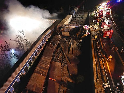 A freight and passenger train collision occurred near Tempe, some 380 kilometers (235 miles) north of Athens. This resulted in the derailment of several train cars and at least three burst into flames. The latter was carrying 350 passengers. (Photo | AP)
