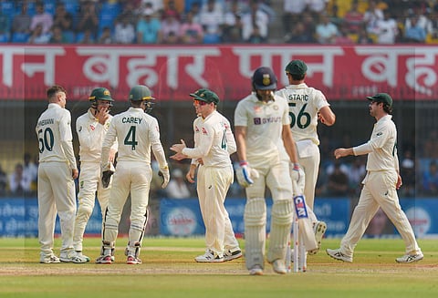 Australian players celebrate the wicket of  batter Shubman Gill on Day 1 of the 3rd  test match between India and Australia, in Indore, March 1, 2023. (Photo | PTI)
