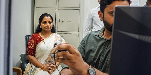 BRS MLC K Kavitha at the Enforcement Directorate (ED) office in connection with the Delhi excise policy case. (Photo | PTI)