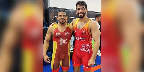 Mulayam Yadav with legendary Iranian wrestler Hassan Yazdani