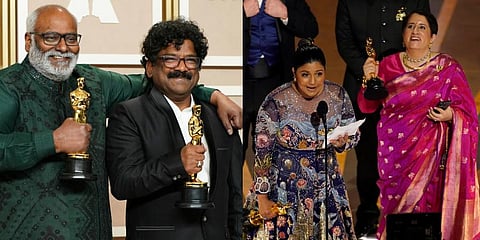 Composer MM Keeravaani (L) and lyricist Chandrabose,  Kartiki Gonsalves, Guneet Monga pose during the 95th Annual Academy Awards on March 12. (Photo | AFP)