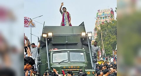 Jana Sena Party chief Pawan Kalyan performed a special puja for his campaign car, Varahi, at Kanaka Durga temple in Vijayawada.(Photo | Prasant Madugula, EPS)