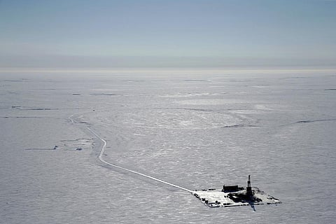 FILE: This 2019 aerial photo provided by ConocoPhillips shows an exploratory drilling camp at the proposed site of the Willow oil project on Alaska's North Slope. (Photo | AP)