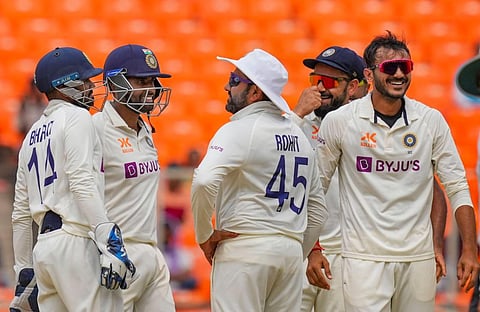 Members of the Indian cricket team celebrate at the end of the fourth test cricket match against  Australia, in Ahmedabad, on March 13, 2023. (Photo | PTI)