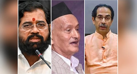 (from L) Maharashtra Chief Minister Eknath Shinde, former Maharashtra Governor Bhagat Singh Koshyari, and former Chief Minister Uddhav Thackeray. (File Photos | PTI)