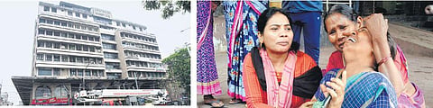 The authorities closed the Swapnalok Complex after an engineer declared the structural as unsafe on Friday; (right) Kin of one of the victims cries inconsolably