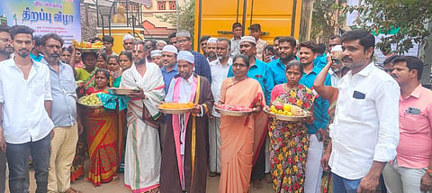 Preachers of different faiths taking seer (gifts) to the newly built mosque in Kamarajapuram on Friday in Pudukkottai. | Express