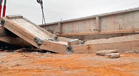 The collapsed portion of the under-construction bridge over Gobari river at Mahipal in Kendrapara town  | Express