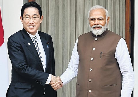 PM Narendra Modi with Japanese counterpart Fumio Kishida before their meeting  at the Hyderabad House, in New Delhi, on Monday | Shekhar Yadav