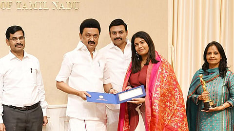 Tamil Nadu Chief Minister MK Stalin felicitates Kartiki Gonsalves, the director of the Oscar-winning documentary ‘The Elephant Whisperers’. (Photo | CMO Tamil Nadu Twitter)