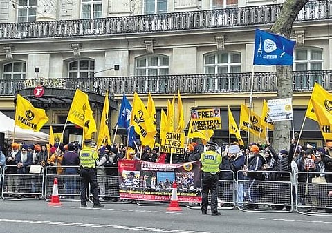 Khalistani supporters protesting outside the Indian High Commission in London. Mark the heightened security cover | PTI