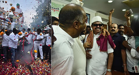 Supporters of AIADMK interim General Secretary Edappadi K Palaniswami celebrate at party headquarters after the court  announced the verdict in their favour, in Chennai. (Photo | P Jawahar)
