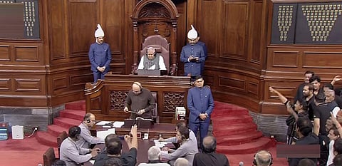 Opposition MPs, wearing black over Rahul's disqualification, protest in the Rajya Sabha during Budget Session of Parliament, in New Delhi, Tuesday, March 28, 2023. (Photo | PTI)