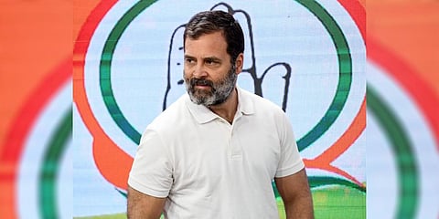 Congress leader Rahul Gandhi during a press conference at the AICC HQ in New Delhi on Saturday. (File Photo | ANI)