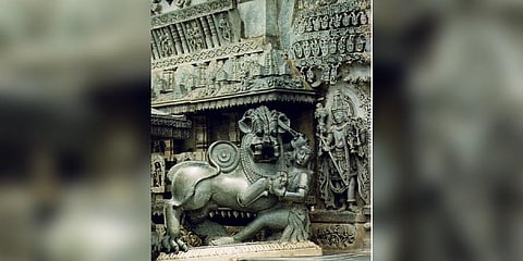 Image of Sala fighting the tiger, the symbol of Hoysala Empire, at Belur (1116 CE), used for representational purpose. (Photo | Wikimedia Commons)