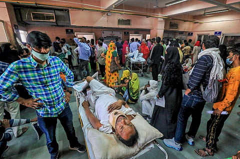 Patients wait to receive treatments at the OPD of SMS Hospital amid a strike of resident doctors over the Rajasthan Right to Health Bill, in Jaipur,  March 28, 2023. (Photo | PTI)