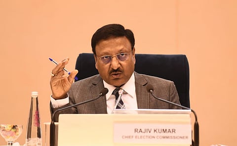 Chief Election commissioner Rajiv Kumar addresses a press conference to announce the Karnataka election schedule  in New Delhi. (Photo | Parveen Negi, EPS)