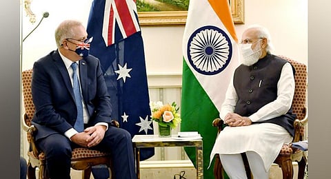 PM Modi with his Australian counterpart Scott  Morrison. (Photo ANI)