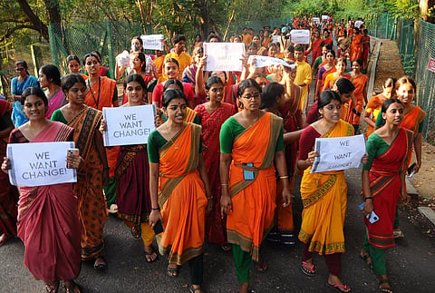 Students of Kalakshetra held a protest in Chennai over the institute’s inaction against a dance teacher, against whom several girl students have brought sexual harassment allegations (Photo | Express)