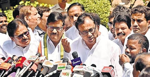 EVKS Elangovan speaking to  media after visiting Stalin at DMK head quarters, in Chennai on Friday | P Jawahar