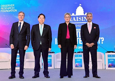US Secy of State Antony Blinken, India's EAM S Jaishankar, Australian FM Penny Wong and Japan's FM Yoshimasa Hayashi at the Quad Foreign Ministers' Meet in New Delhi on Friday. (Photo | ANI)