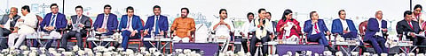 Chief Minister YS Jagan Mohan Reddy, Union Minister for Ports, Shipping and Waterways Sarbananda Sonowal, Union Minister for Tourism and Culture G Kishan Reddy and other dignitaries take part in Globa