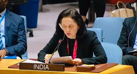 India's Permanent Representative to the UN, Ambassador Ruchira Kamboj, speaks at the UNSC meeting on Monday. (Photo | Twitter @IndiaUNNewYork)