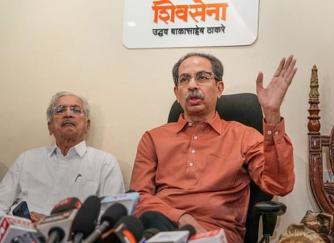 Shiv Sena (UBT) President Uddhav Thackeray addresses a press conference, in Mumbai, on April 11, 2023. (Photo | PTI)