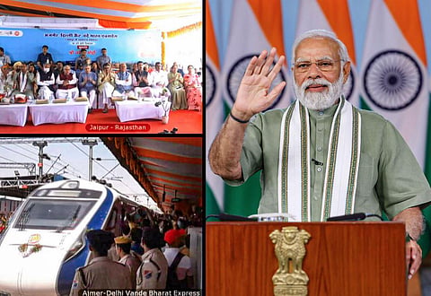 Prime Minister Modi virtually attends the flagging-off ceremony of Vande Bharat Express train connecting Ajmer and Delhi Cantt., from New Delhi, on April 12, 2023. (Photo | PTI) 