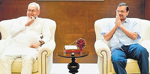 AAP’s national convenor Arvind Kejriwal met with JD(U) chief Nitish Kumar in Delhi on Wednesday. (Photo | Express)