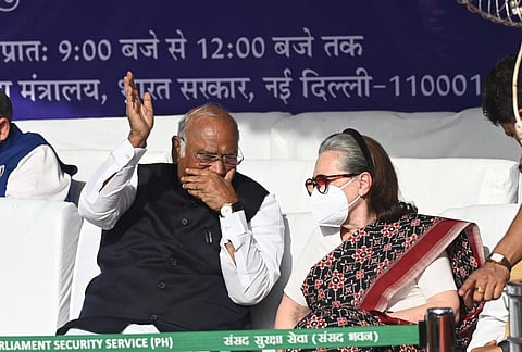 Congress President Mallikarjun Kharge with Sonia Gandhi during the birth anniversary celebrations of BR Ambedkar, at Parliament house, in New Delhi. (Photo | Shekhar Yadav, EPS)