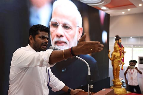 Tamil Nadu BJP president Annamalai addresses the media accusing DMK ministers of corruption at the BJP headquarters in T Nagar on April 14, 2023.  ( Photo | EPS/ Sri Loganathan V)