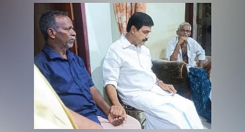 Jose K Mani visits family members of Jis and Jins, who died in a road accident involving his son K M Mani Jr
