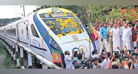 BJP workers led by Union Minister of State V Muraleedharan receiving the Vande Bharat Express train at Kochuveli in Thiruvananthapuram.